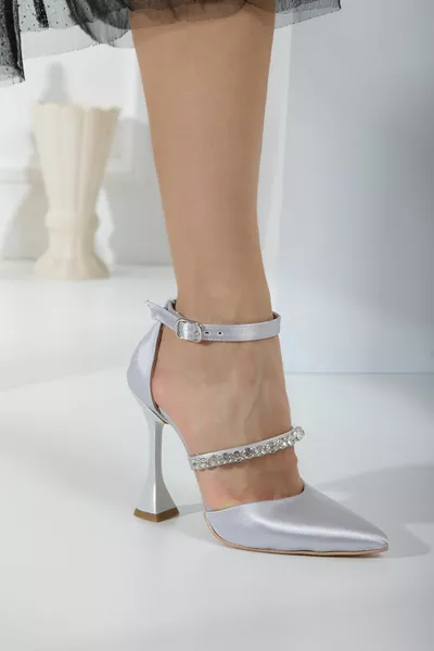Casey Buckle Silver Satin cm Stone Evening Dress Shoes