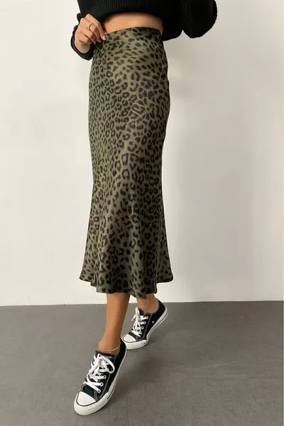Leopard Print Viscose Satin Midi Length Skirt -khaki Green
