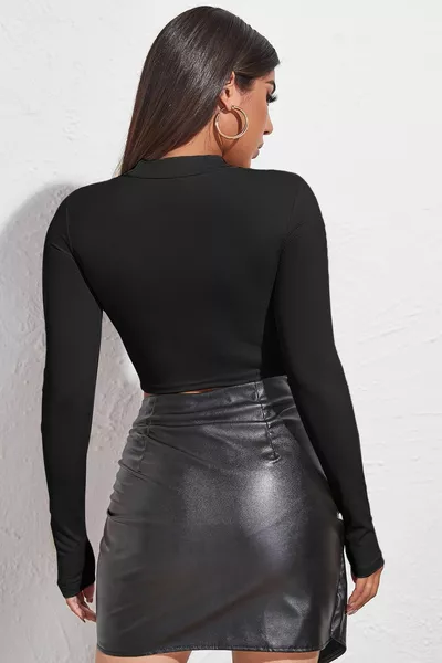 Women's Black Cleavage Long Sleeve Cut Out Crop Top Blouse