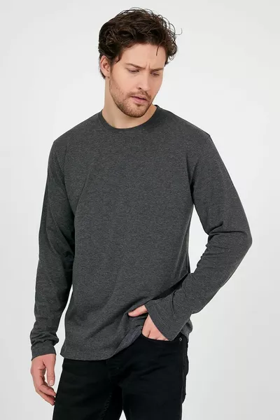 Anthrazitfarbenes Langarm-Lycra-Basic-T-Shirt für Herren