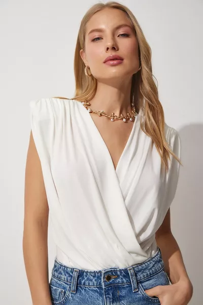 المرأة Ecru التفاف الياقة مبطن المفاجئة محبوك بلوزة 