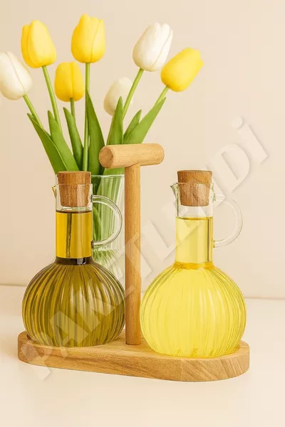 Bambus-Ölstandglas 2-teiliges Ölflaschen- und Essigset, 3-teilig