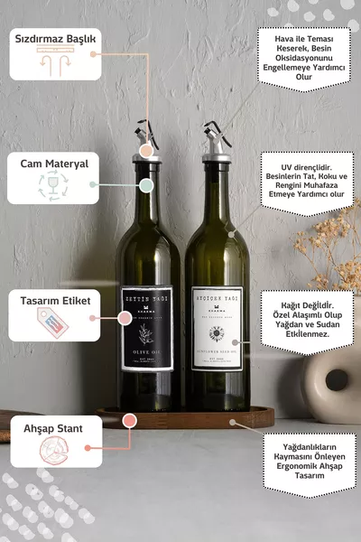 Houten standaard Amber 2-delige  ml olijfolie en plantaardige olie fles oliekan  ml met standaard