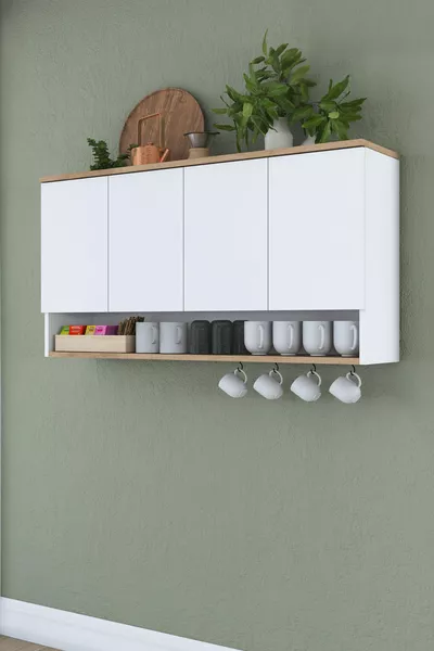 Rani  Кафе кът Многофункционален шкаф Горен модул Кухненска етажерка Бял - Кошница Орех