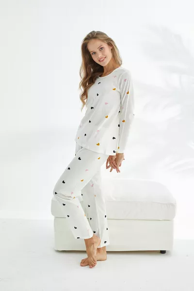 white color heart patterned Cotton Pajama Set