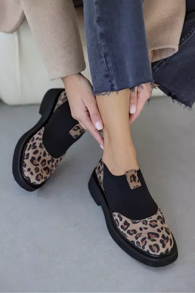 Mocassins Femme Stretch Imprimé Léopard en Cuir Véritable - BEIGE