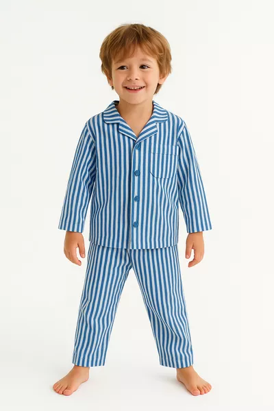 Children's Front-Button Pajama Set Blue Striped Pajamas