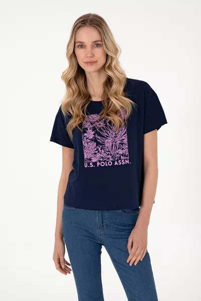 Dames T-shirt met Ronde Hals en Donkerblauw Dessin 