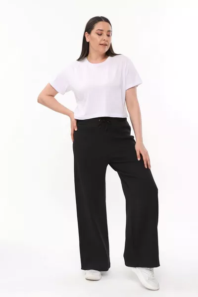 Plus Size Wide Leg Stretch Ribbed Women's Pants