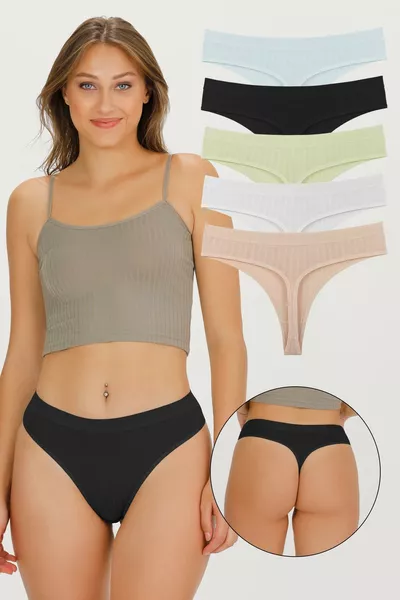 Kadın Fitilli Soft Renkler 5'li Slip Külot Set - 