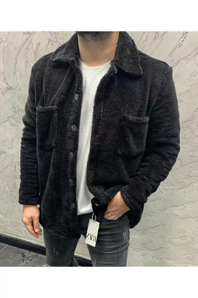 جاكيت رجالي أسود بجيوب وتفاصيل أزرار من الفرو الصناعي حجم صغير