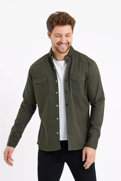 Heren kaki slim-fit spijkerblouse met dubbele zak en s