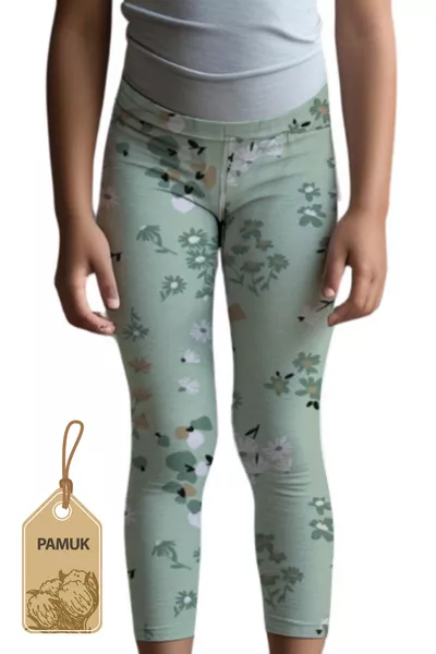 Mädchenleggings Grün mit Blumenmuster, saisonal/sommerlich, bequem, elastische Baumwolle, atmungsaktiv, lang