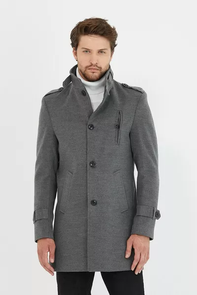 Cappotto da uomo grigio a taglio stretto con collo alto in misto lana lungo