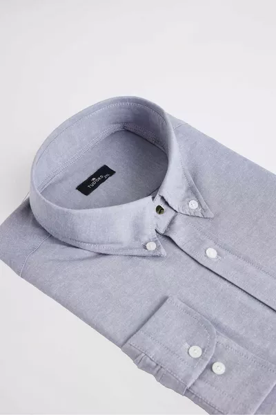 Plus Size Long Sleeve Oxford Texture Collar Buttoned Pocket Embroidered Gray Men's Shirt