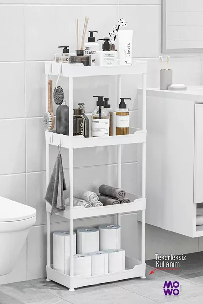 رف حمام بأربع طبقات بعجلات بيضاء من موو، رف المطبخ، حامل المناشف، حاملة المنظفات، منظم مستحضرات التجميل فيسكين