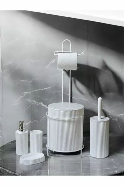 6-delige Badkamer Set met Metalen Standaard, Prullenbak, Toiletpapierhouder en Toiletborstel, Solide - Vloeibare Zeep