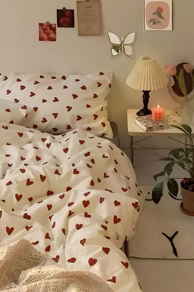 Tek Kişilik Kırmızı Kalpli Nevresim Seti | Nevresim Ve Yastık Kılıfı | Çarşafsız