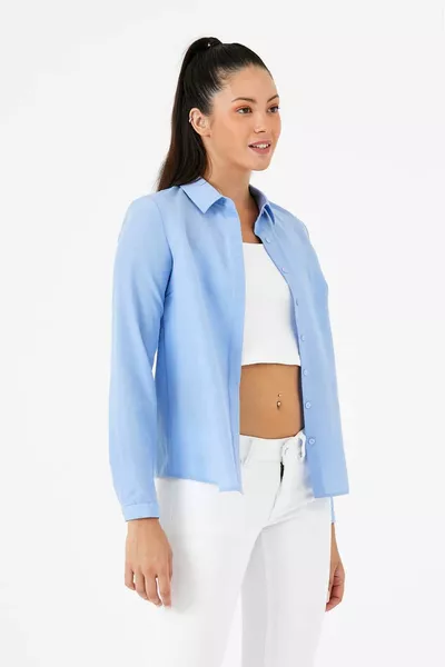 Chemise pour femme, coupe basique, ajustée, en tissu stretch avec bouton caché