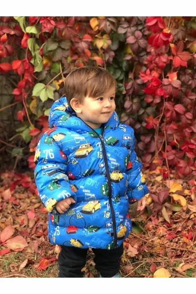 معطف شتوي مبطن للأطفال الأولاد بنقشة سيارة، بكابيشو، مبطن من الداخل بالفلُوف