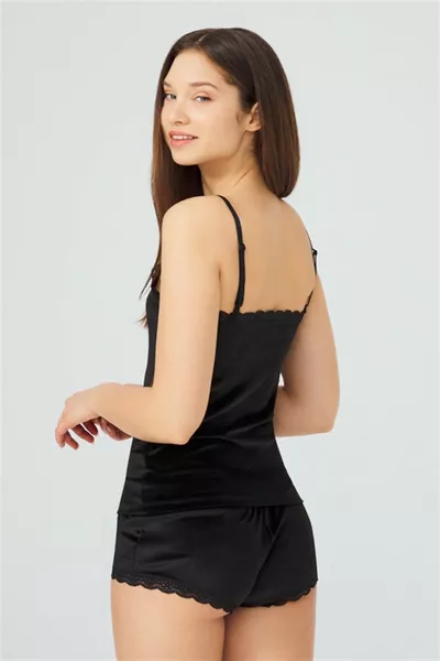Black Lace Detailed Thin Strap Velvet Women's Tank Top Shorts Set