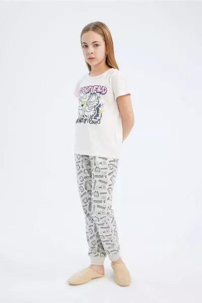 Girls' Garfield Pajama Set Short Sleeve Top with Elastic Waist Long Bottom SM