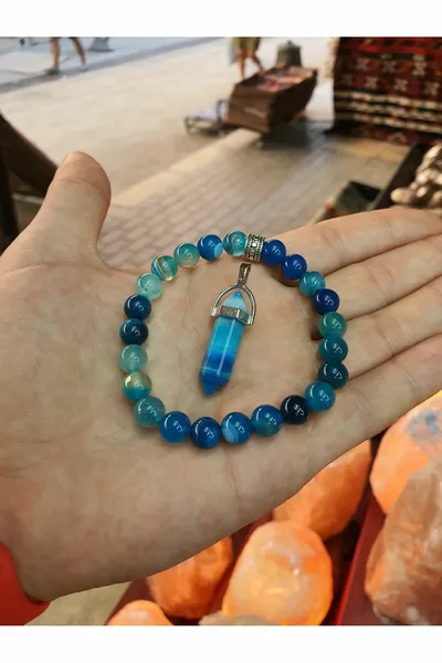 Agate bleue (Mauvais œil, Succès, Bonheur, guérison) (Collier en agate Cadeau) 8 mm