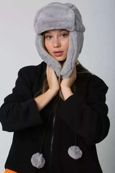 Women's Grey Pompom Fur Headset Plush Hat Beanie 