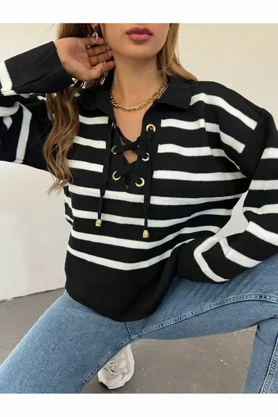 Дамски поло деколте, раиран капс, плетен пуловер с дълъг ръкав