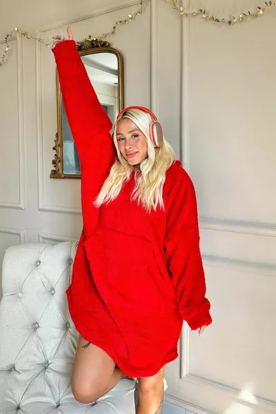 أحمر مقنعين كامل أفخم عرق كبير الحجم المعطف بيجاما