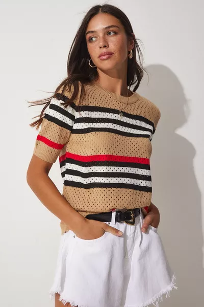 Camicetta estiva in maglia traforata a righe biscotto da donna 