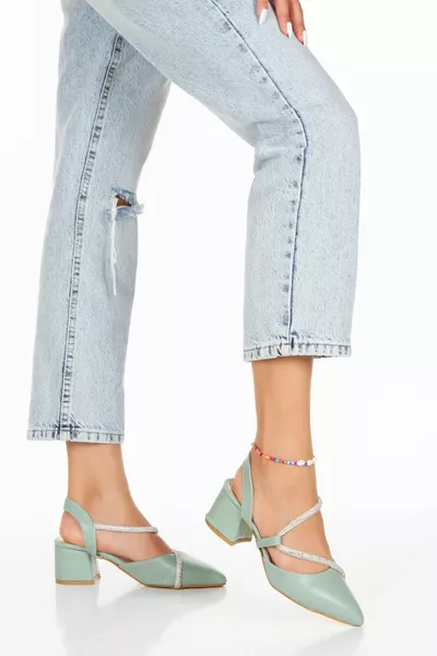 سلسلة باستيلو الكاكي الحجر مشبك أحذية نسائية بكعب