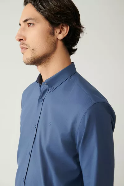 Indigo knoopkraag % katoen linnen getextureerd overhemd voor heren 