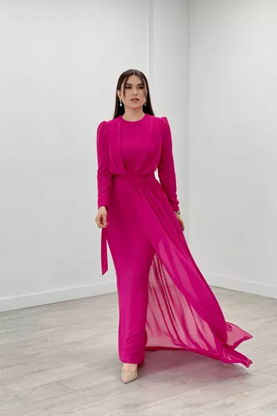 Chiffon Stof Cape Gedetailleerde Avondjurk - FUCHSIA