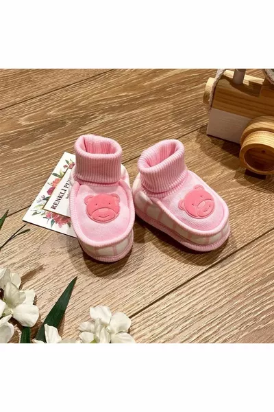 Combed Baby Booties Suede Teddy Bear Printed Pink