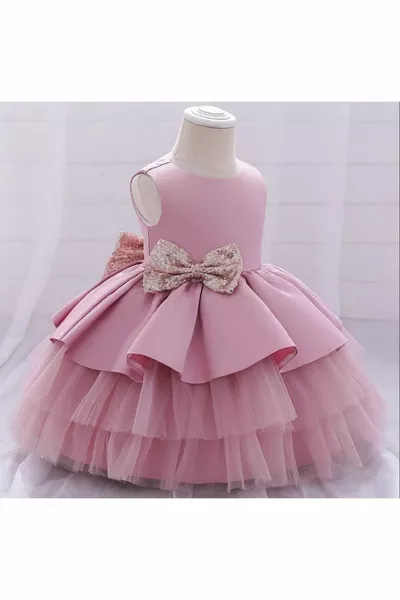 فستان بشريط تول بطبقات باللون الوردي الفاتح - فستان تول متعدد الطبقات - فستان قصير - فستان سهرة للأطفال