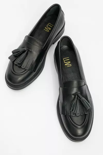 MILINA Black Skin Tassel Cuir véritable Mocassins pour femmes