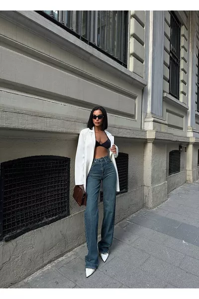 Jean large taille haute femme vert tint, pantalon en jean extensible Palazzo 