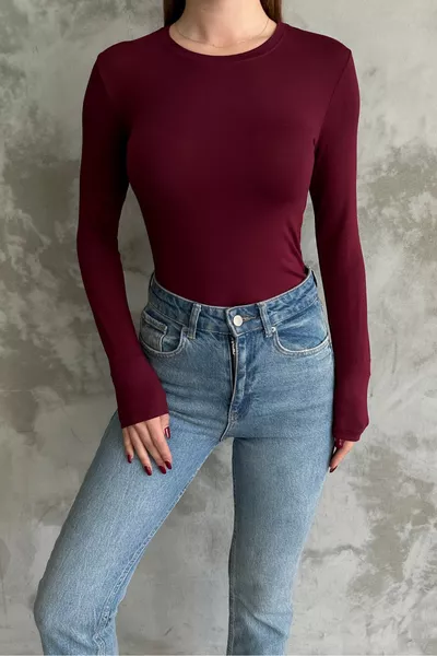 بودي أساسي بأكمام طويلة وياقة دراجة باللون العنابي