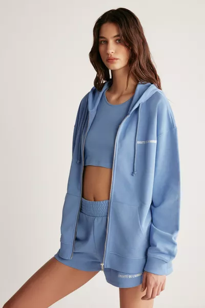 سويت شيرت أزرق للنساء من أميتيس، فضفاض، من القطن العضوي، مزود بسحاب معدني وغطاء رأس