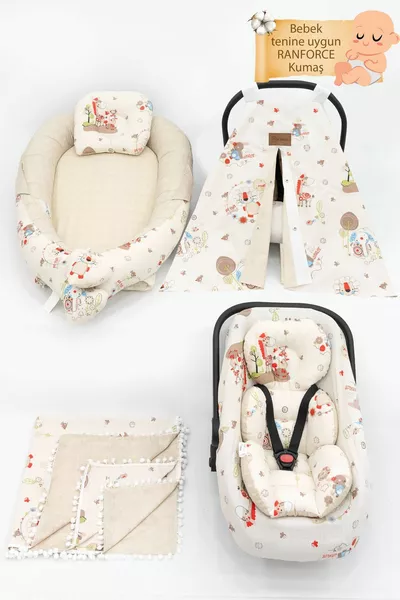 مجموعة سرير أطفال 6 قطع، مرتبة عربة الأطفال الأرثوبيدية، شرشف، غطاء، لحاف ومرتبة جانبية للأم، سلسلة الحيوانات