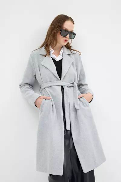 معطف طويل من الصوف بقفل من الخصر، رمادي