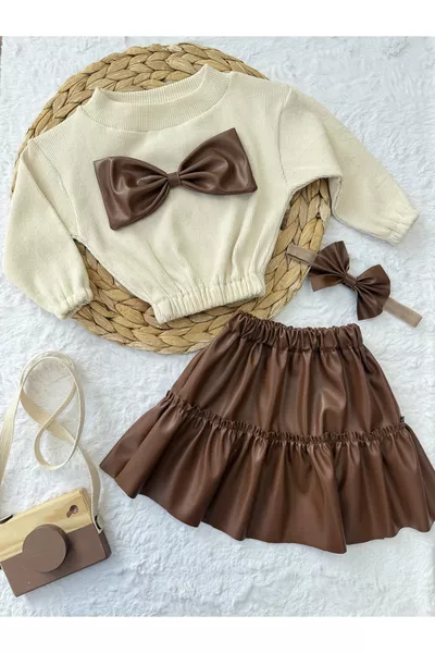 طقم للبنات الأطفال والرضع، تنورة جلدية مع بادي وفوط رأس