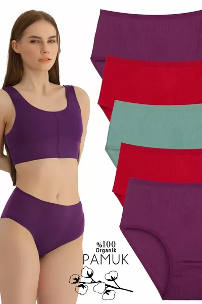 Women's % Cotton 5-Pack High-Waist Ribbed Panties Purple, Green, Burgundy 