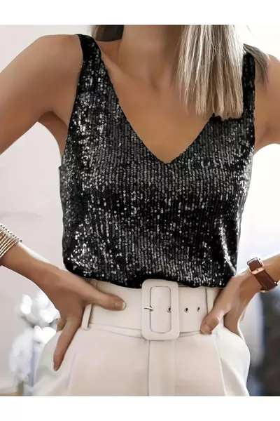 بلوزة بدون أكمام بياقة على شكل V ومزينة بالترتر، أنيقة للحفلات والعطلات