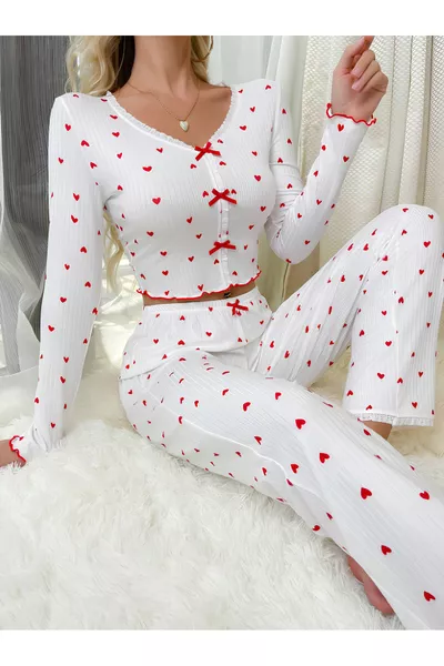 Long Pajama Set with White Heart and Soft Cotton Bow Detail