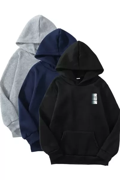 مجموعة 3 قطع من السويت شيرت بغطاء رأس - طبعة Minimal Run - أسود، كحلي، رمادي - قماش شتوي مبطن