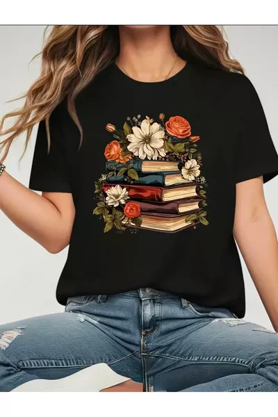 قميص تي شيرت أساسي مطبوع بالكتاب