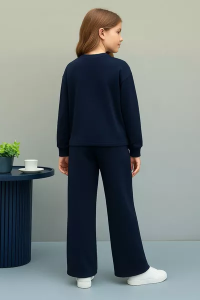 Girl's  Printed Navy Crew Neck Sweatshirt - Loose Fit Navy Tracksuit Set