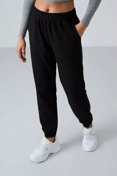 Pantalon de survêtement femme taille haute noir avec poches, coupe confortable et bas élastique - 